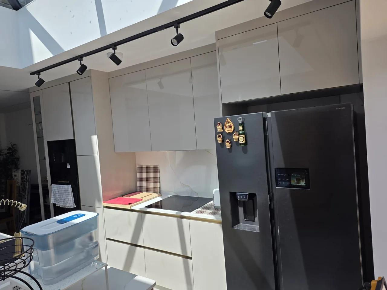 Kitchen cabinetry and track lighting beneath roof glazing